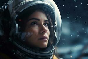 a Beautiful woman in a space suit looking out to the spaceship window AI Generative photo