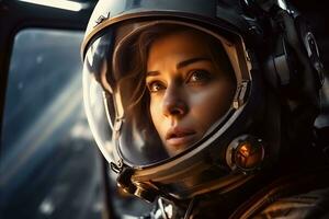 a Beautiful woman in a space suit looking out to the spaceship window AI Generative photo