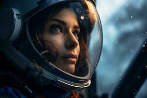 a Beautiful woman in a space suit looking out to the spaceship window AI Generative photo