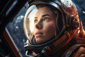 a Beautiful woman in a space suit looking out to the spaceship window AI Generative photo