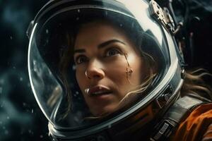 a Beautiful woman in a space suit looking out to the spaceship window AI Generative photo
