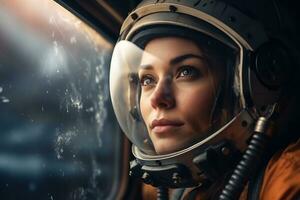 un hermosa mujer en un espacio traje mirando fuera a el astronave ventana ai generativo foto