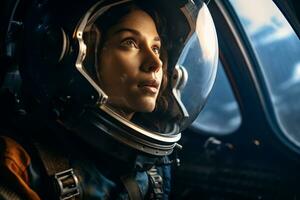 un hermosa mujer en un espacio traje mirando fuera a el astronave ventana ai generativo foto