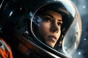 a Beautiful woman in a space suit looking out to the spaceship window AI Generative photo