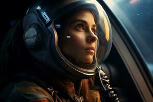 a Beautiful woman in a space suit looking out to the spaceship window AI Generative photo