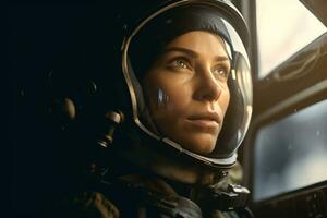 a Beautiful woman in a space suit looking out to the spaceship window AI Generative photo