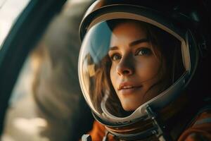 a Beautiful woman in a space suit looking out to the spaceship window AI Generative photo