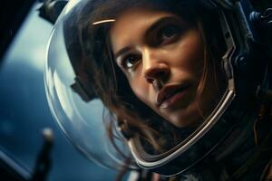 a Beautiful woman in a space suit looking out to the spaceship window AI Generative photo