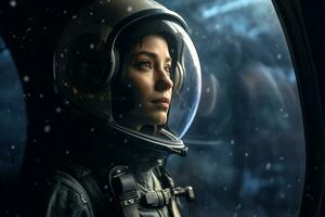 a Beautiful woman in a space suit looking out to the spaceship window AI Generative photo