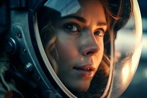 a Beautiful woman in a space suit looking out to the spaceship window AI Generative photo