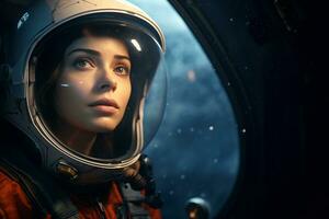 a Beautiful woman in a space suit looking out to the spaceship window AI Generative photo