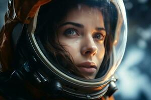 a Beautiful woman in a space suit looking out to the spaceship window AI Generative photo