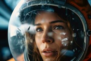 a Beautiful woman in a space suit looking out to the spaceship window AI Generative photo