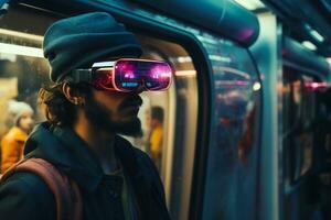 Person Wearing a Futuristic VR Glasses AI Generative photo