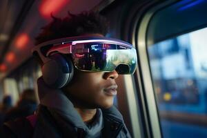 Person Wearing a Futuristic VR Glasses AI Generative photo