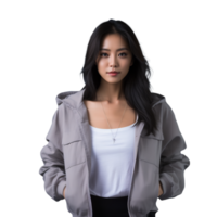 ai generativ asiatisch Modell- im beiläufig Outfit ausstrahlen ein warm Lächeln transparent Hintergrund png