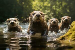 Group of playful otters swimming in the river AI Generative photo