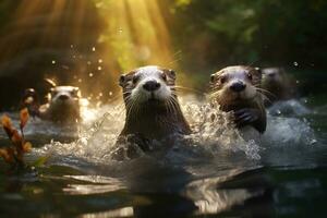 Group of playful otters swimming in the river AI Generative photo