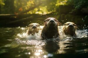 grupo de juguetón nutrias nadando en el río ai generativo foto