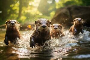 Group of playful otters swimming in the river AI Generative photo