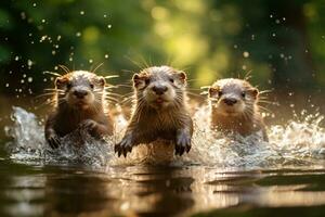 Group of playful otters swimming in the river AI Generative photo