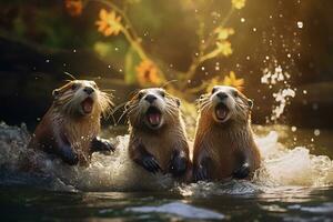 Group of playful otters swimming in the river AI Generative photo