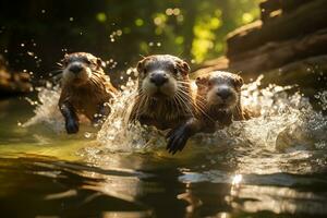 Group of playful otters swimming in the river AI Generative photo