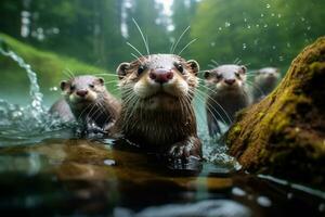 grupo de juguetón nutrias nadando en el río ai generativo foto