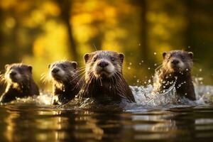 Group of playful otters swimming in the river AI Generative photo