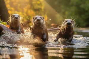 Group of playful otters swimming in the river AI Generative photo