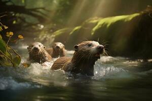 Group of playful otters swimming in the river AI Generative photo