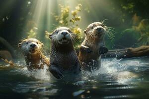 Group of playful otters swimming in the river AI Generative photo