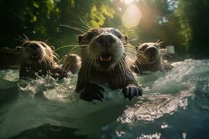 Group of playful otters swimming in the river AI Generative photo