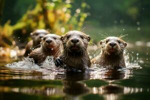 Group of playful otters swimming in the river AI Generative photo