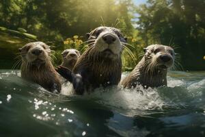 Group of playful otters swimming in the river AI Generative photo