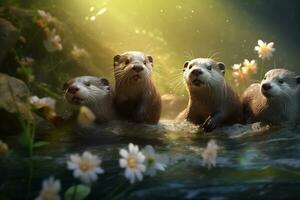 Group of playful otters swimming in the river AI Generative photo