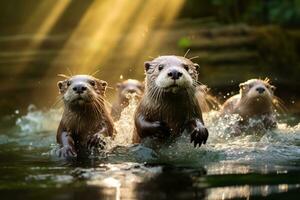 grupo de juguetón nutrias nadando en el río ai generativo foto