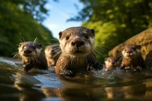 Group of playful otters swimming in the river AI Generative photo