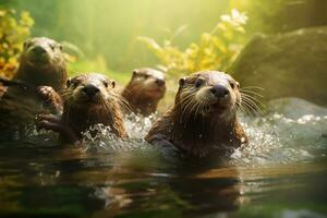 Group of playful otters swimming in the river AI Generative photo