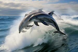 Dolphin Jumping at Sunset in the Ocean AI Generative photo