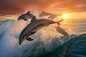 Dolphin Jumping at Sunset in the Ocean AI Generative photo