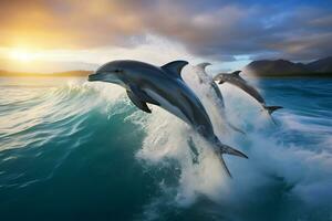 Dolphin Jumping at Sunset in the Ocean AI Generative photo