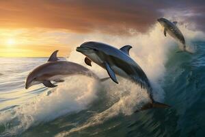 Dolphin Jumping at Sunset in the Ocean AI Generative photo