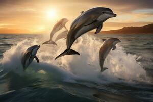 Dolphin Jumping at Sunset in the Ocean AI Generative photo