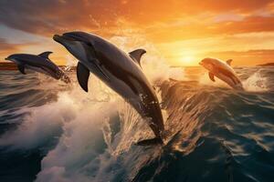 Dolphin Jumping at Sunset in the Ocean AI Generative photo