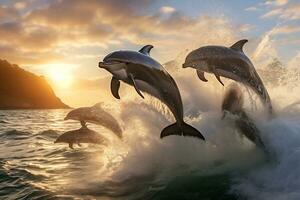 Dolphin Jumping at Sunset in the Ocean AI Generative photo