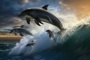 Dolphin Jumping at Sunset in the Ocean AI Generative photo