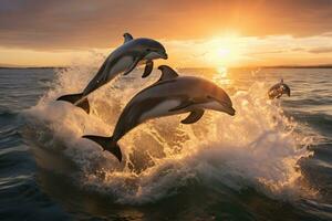 Dolphin Jumping at Sunset in the Ocean AI Generative photo