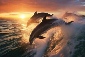 Dolphin Jumping at Sunset in the Ocean AI Generative photo