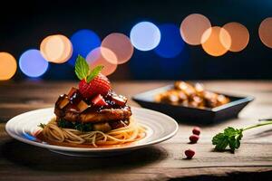 a plate of food with spaghetti and strawberries. AI-Generated photo